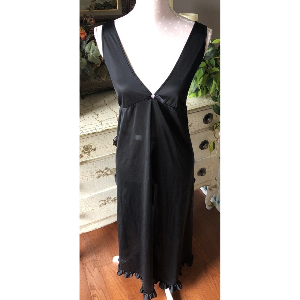 Vintage Sexy Nylon Gown Long Black Ruffles Split Up Both Sides Women's Medium